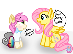 Size: 1189x875 | Tagged: safe, artist:rainbow eevee, fluttershy, oc, oc:dcbud, pegasus, pony, blushing, bowtie, clothes, cute, female, interview, marmot, simple background, text