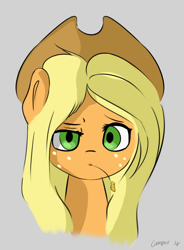 Size: 722x983 | Tagged: safe, artist:camper, applejack, earth pony, pony, ear, face, food, hat, solo, wheat