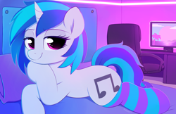 Size: 4000x2588 | Tagged: safe, artist:moozua, dj pon-3, vinyl scratch, pony, unicorn, clothes, computer mouse, female, keyboard, lidded eyes, mare, monitor, socks, solo, striped socks