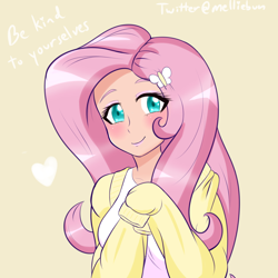 Size: 1600x1600 | Tagged: safe, artist:melliedraws, fluttershy, butterfly, human, equestria girls, blushing, bust, clothes, cute, female, hairclip, heart, human coloration, shirt, shyabetes, smiling, solo, sweater, sweater vest, sweatershy