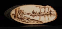 Size: 1280x599 | Tagged: safe, artist:horseez, applejack, earth pony, pony, female, mare, on back, pyrography, river, sleeping, smiling, solo, traditional art, tree