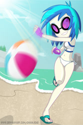 Size: 471x711 | Tagged: safe, artist:charliexe, dj pon-3, vinyl scratch, better together, equestria girls, beach, belly button, bikini, clothes, feet, female, fingerless gloves, flip-flops, glasses, gloves, legs, sand, sandals, smiling, solo, swimsuit