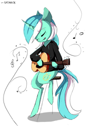 Size: 2121x3062 | Tagged: safe, artist:ratann, lyra heartstrings, pony, unicorn, clothes, curved horn, eyes closed, guitar, hoodie, music notes, musical instrument, playing, simple background, sitting, solo, stool, white background