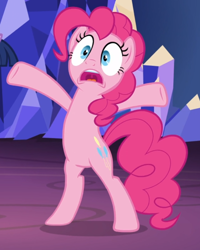 Size: 734x919 | Tagged: safe, screencap, pinkie pie, earth pony, pony, shadow play, bipedal, cropped, female, hooves in air, mare, open mouth, solo focus, underhoof, wide eyes