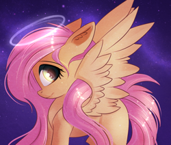 Size: 1985x1680 | Tagged: safe, artist:autumnvoyage, fluttershy, angel, pegasus, pony, cute, female, floppy ears, halo, looking at you, mare, night, profile, shyabetes, solo, spread wings, stars, wings