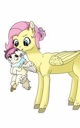 Size: 800x1280 | Tagged: safe, artist:animefreak2282, fluttershy, oc, oc:dream catcher (discoshy), hybrid, pegasus, pony, alternate hairstyle, duo, female, interspecies offspring, mother and child, mother and daughter, offspring, parent and child, parent:discord, parent:fluttershy, parents:discoshy, scruff, simple background, white background