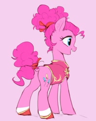 Size: 706x897 | Tagged: safe, artist:luciferamon, pinkie pie, earth pony, pony, alternate hairstyle, clothes, cute, diapinkes, dock, female, mare, open mouth, pink background, plot, simple background, smiling, solo