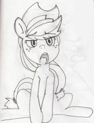 Size: 1143x1501 | Tagged: safe, artist:baigak, applejack, earth pony, pony, applejack's hat, cowboy hat, female, grayscale, hat, mare, monochrome, open mouth, simple background, sitting, sketch, solo, traditional art, white background