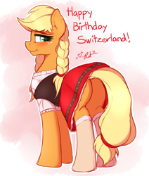 Size: 2133x2520 | Tagged: safe, artist:ratofdrawn, applejack, earth pony, pony, alternate hairstyle, applebutt, blonde, blonde mane, blonde tail, blushing, braid, braided tail, clothes, commando, cute, dirndl, dress, eyebrows, eyelashes, female, freckles, green eyes, hair, jackabetes, lidded eyes, looking at you, looking back, looking back at you, mane, mare, moe, pigtails, plot, rear view, skirt, smiling, smiling at you, socks, solo, stupid sexy applejack, swiss dress, switzerland, tail, technically an upskirt shot