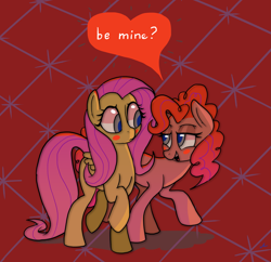 Size: 3249x3144 | Tagged: safe, artist:docwario, fluttershy, pinkie pie, earth pony, pegasus, pony, female, flutterpie, heart, lesbian, looking at each other, mare, open mouth, raised hoof, shipping