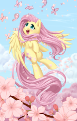 Size: 3323x5225 | Tagged: safe, artist:dstears, fluttershy, butterfly, pegasus, pony, amazed, animal, cute, female, flower, flying, happy, looking at something, looking up, mare, open mouth, outdoors, shyabetes, sky, smiling, solo, spread wings, tree, windswept mane, wings