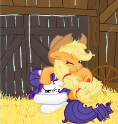 Size: 751x784 | Tagged: safe, artist:sallycars, applejack, rarity, earth pony, pony, unicorn, barn, cute, eyeshadow, female, hay, jackabetes, lesbian, makeup, mare, messy hair, messy mane, ms paint, one eye closed, raribetes, rarijack, rarity is not amused, shipping, unamused, wagon wheel, wheel, wink