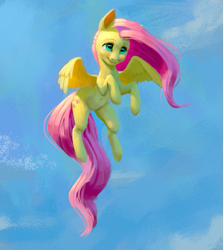 Size: 1093x1228 | Tagged: artist needed, source needed, safe, fluttershy, pegasus, pony, belly button, blushing, cloud, cute, female, flying, looking up, mare, shyabetes, sky, smiling, solo, spread wings, windswept mane, wings