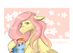 Size: 1308x955 | Tagged: safe, artist:piidorenko, fluttershy, pegasus, pony, abstract background, colored hooves, floppy ears, holding, implied flutterdash, implied lesbian, implied shipping, rainbow dash plushie, solo, text