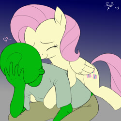 Size: 2000x2000 | Tagged: safe, artist:tomtornados, fluttershy, oc, oc:anon, pegasus, pony, colored, cuddling, cute, depressed, facepalm, flat colors, heart, hug, sad, shyabetes, sitting