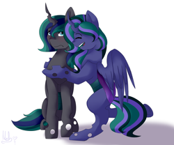 Size: 2400x2000 | Tagged: safe, artist:mah521, oc, oc only, oc:firefly, oc:philia agape armet, changeling, changepony, hybrid, changeling oc, half-siblings, high res, hug, interspecies offspring, kindverse, offspring, parent:queen chrysalis, parent:shining armor, parents:chrysaluna, parents:shining chrysalis, simple background, white background