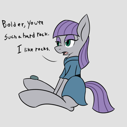 Size: 1026x1024 | Tagged: safe, artist:metalaura, boulder (pet), maud pie, cloak, clothes, dress, dressed, rock, shirt, sitting, solo, text