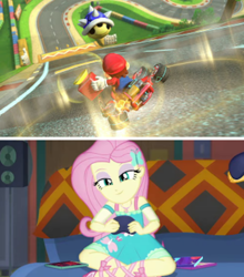 Size: 480x546 | Tagged: safe, edit, fluttershy, better together, equestria girls, game stream, blue shell, gamershy, mario, mario kart, mario kart 8, mario kart 8 deluxe, nintendo, nintendo switch, smugshy, super horn, super mario bros.