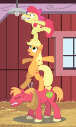 Size: 1228x2048 | Tagged: safe, artist:kinrah, apple bloom, applejack, big macintosh, earth pony, pony, acrobatics, apple siblings, atg 2018, dangerous, female, lightbulb, male, mare, newbie artist training grounds, stallion