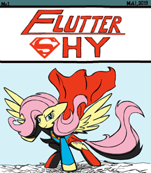 Size: 1956x2242 | Tagged: safe, alternate version, artist:sallycars, fluttershy, pegasus, pony, badass, badass adorable, clothes, comic book, costume, cute, flutterbadass, solo, supergirl, superhero, superhero landing