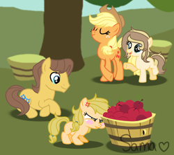 Size: 1668x1496 | Tagged: safe, artist:samaalixx, applejack, caramel, earth pony, pony, carajack, family, female, male, offspring, parent:applejack, parent:caramel, parents:carajack, shipping, straight