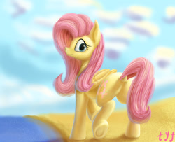 Size: 1280x1041 | Tagged: safe, artist:tyf2213, fluttershy, pegasus, pony, beach, dock, female, looking at you, looking back, looking back at you, mare, plot, rear view, smiling, solo, underhoof