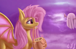 Size: 1280x832 | Tagged: safe, artist:tyf2213, fluttershy, bat pony, pony, bat ponified, bedsheet ghost, bucket, clothes, cloud, costume, eyeshadow, female, flutterbat, ghost costume, halloween, halloween costume, holiday, lidded eyes, makeup, mare, mouth hold, pumpkin, pumpkin bucket, race swap, solo, spread wings, wings