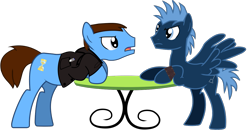 Size: 1211x659 | Tagged: safe, artist:fimbulvinter, doctor whooves, star hunter, earth pony, pegasus, pony, argument, background pony, duo, jack harkness, leather, leather peacoat, male, murderers, ninth doctor, peacoat, ponified, simple background, sonic screwdriver, stallion, table, torchwood, torchwood: equestria, transparent background, vector, war criminals