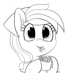 Size: 2725x2853 | Tagged: safe, artist:pabbley, oc, oc only, oc:tater trot, pony, cute, eating, food, french fries, hoof hold, monochrome, simple background, solo, white background