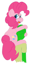 Size: 1000x2000 | Tagged: safe, artist:enshems, pinkie pie, oc, oc:anon, earth pony, pony, holding a pony, hug, looking at you, personal space invasion