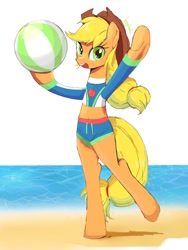 Size: 768x1024 | Tagged: safe, artist:kagitsuki, applejack, earth pony, pony, better together, equestria girls, beach, beach ball, bipedal, clothes, equestria girls outfit, female, looking at you, mare, scenery, swimsuit, water