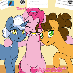 Size: 800x800 | Tagged: safe, artist:rainbowdrool, cheese sandwich, pinkie pie, pokey pierce, earth pony, pony, unicorn, :3, ask, bipedal, cheesepie, eyes closed, female, from dust to mist, group, hairband, happy, hug, lidded eyes, looking at you, male, mare, open mouth, pinkie pie gets all the stallions, pokeycheesepie, pokeypie, polyamory, polyandry, polygamy, raised hoof, shipping, smiling, stallion, straight, sugarcube corner, tumblr, tumblr:from dust to mist