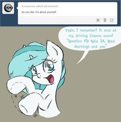 Size: 1319x1329 | Tagged: safe, artist:dreadcoffins, oc, oc only, oc:teal swirl, pony, unicorn, ask teal swirl, pun, rule 34, solo, tumblr