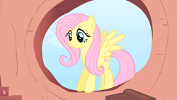 Size: 1280x720 | Tagged: safe, screencap, fluttershy, pegasus, pony, sonic rainboom (episode), female, mare, smiling, solo, window