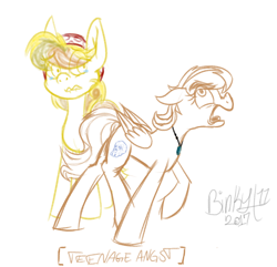 Size: 1494x1441 | Tagged: safe, artist:binkyt11, derpibooru exclusive, daring do, oc, pegasus, pony, alternate hairstyle, angry, angst, crying, descriptive noise, eyebrows, female, jewelry, lip bite, mare, medibang paint, mother and child, mother and daughter, necklace, parent and child, parent:daring do, sad, signature, simple background, sketch, teenager, turquoise, white background