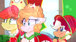 Size: 1024x576 | Tagged: safe, artist:lynchristina, applejack, bright mac, pear butter, earth pony, pony, unicorn, clothes, crown, digital art, family, female, hat, jewelry, king, male, mare, pinkie tales, queen, regalia, slumberjack, stallion, story in the source, story included, sweat, trio