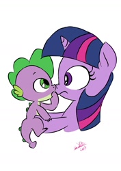 Size: 1000x1414 | Tagged: safe, artist:emositecc, spike, twilight sparkle, unicorn twilight, dragon, pony, unicorn, baby, baby dragon, baby spike, boop, cute, female, filly, filly twilight sparkle, looking at each other, male, nose wrinkle, noseboop, signature, simple background, spikabetes, twiabetes, white background, younger