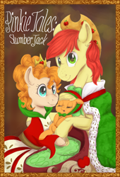 Size: 800x1174 | Tagged: safe, artist:laps-sp, applejack, bright mac, pear butter, earth pony, pony, baby, baby applejack, baby pony, clothes, crown, cute, jackabetes, jewelry, pinkie tales, regalia, sleeping beauty