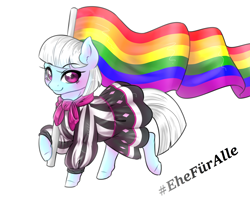 Size: 2100x1700 | Tagged: safe, artist:dedonnerwolke, photo finish, earth pony, pony, female, flag, gay pride, gay pride flag, german, hashtag, lesbian, looking at you, mare, pride, simple background, smiling, solo, umlaut, white background