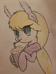 Size: 3024x4032 | Tagged: safe, artist:anonymous, oc, oc only, oc:frosty flicker, mothpony, original species, pony, absurd resolution, colored pupils, drinking straw, ear fluff, female, fluffy, glass, hoof hold, looking at you, mare, milkshake, simple background, solo, traditional art, white background