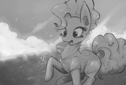 Size: 4633x3133 | Tagged: safe, artist:cookiedesu, pinkie pie, pony, clothes, cloud, grayscale, monochrome, ocean, smiling, solo, swimsuit