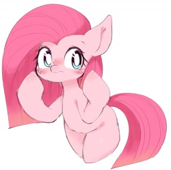 Size: 1267x1258 | Tagged: safe, artist:91o42, pinkie pie, earth pony, pony, blushing, female, mare, pinkamena diane pie, simple background, solo, white background