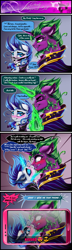 Size: 2162x7529 | Tagged: safe, artist:dimidiummorsumbra, masquerade, pinkie pie, rarity, spike, bandana, comic, dialogue, eyes closed, eyeshadow, female, glowing horn, kissing, makeup, male, older, older spike, phone, ponified, ponified spike, shipping, sparity, species swap, straight, stupid sexy spike, tongue out