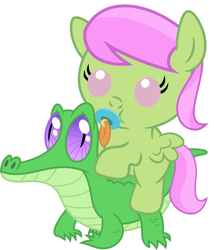 Size: 786x917 | Tagged: safe, artist:red4567, gummy, merry may, pony, baby, baby pony, cute, pacifier, ponies riding gators, riding, simple background, white background
