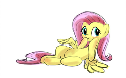 Size: 600x375 | Tagged: safe, artist:fipoki, fluttershy, pegasus, pony, belly, belly button, covering mouth, female, leaning, leaning back, looking sideways, mare, simple background, solo, spread wings, white background, wings