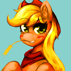 Size: 1200x1200 | Tagged: safe, artist:kunshomos-art, applejack, earth pony, pony, bandana, blue background, cowboy hat, female, hat, looking at you, mare, neckerchief, simple background, solo, straw in mouth