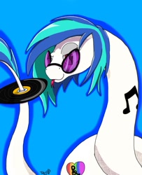 Size: 768x945 | Tagged: safe, artist:mixdaponies, dj pon-3, vinyl scratch, original species, snake, :3, :p, alternative cutie mark placement, blue background, cute, female, implied lesbian, implied scratchtavia, implied shipping, lidded eyes, looking at you, prehensile tail, silly, simple background, slit eyes, smiling, smirk, snek, solo, species swap, sunglasses, tail hold, tongue out, vinyl, vinylbetes