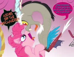 Size: 1056x817 | Tagged: safe, artist:frist44, discord, pinkie pie, earth pony, pony, comic:panty shopping with discord, carousel boutique, comic, dialogue, female, mare, mirror, open mouth, tongue out