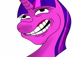 Size: 2900x2300 | Tagged: safe, twilight sparkle, pony, troll, unicorn, bust, female, grin, meme, portrait, simple background, smiling, solo, trollface, white background