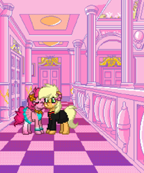 Size: 500x603 | Tagged: safe, artist:lisaloudleijon, applejack, pinkie pie, earth pony, pony, applepie, female, kissing, lesbian, pixel art, pony town, shipping